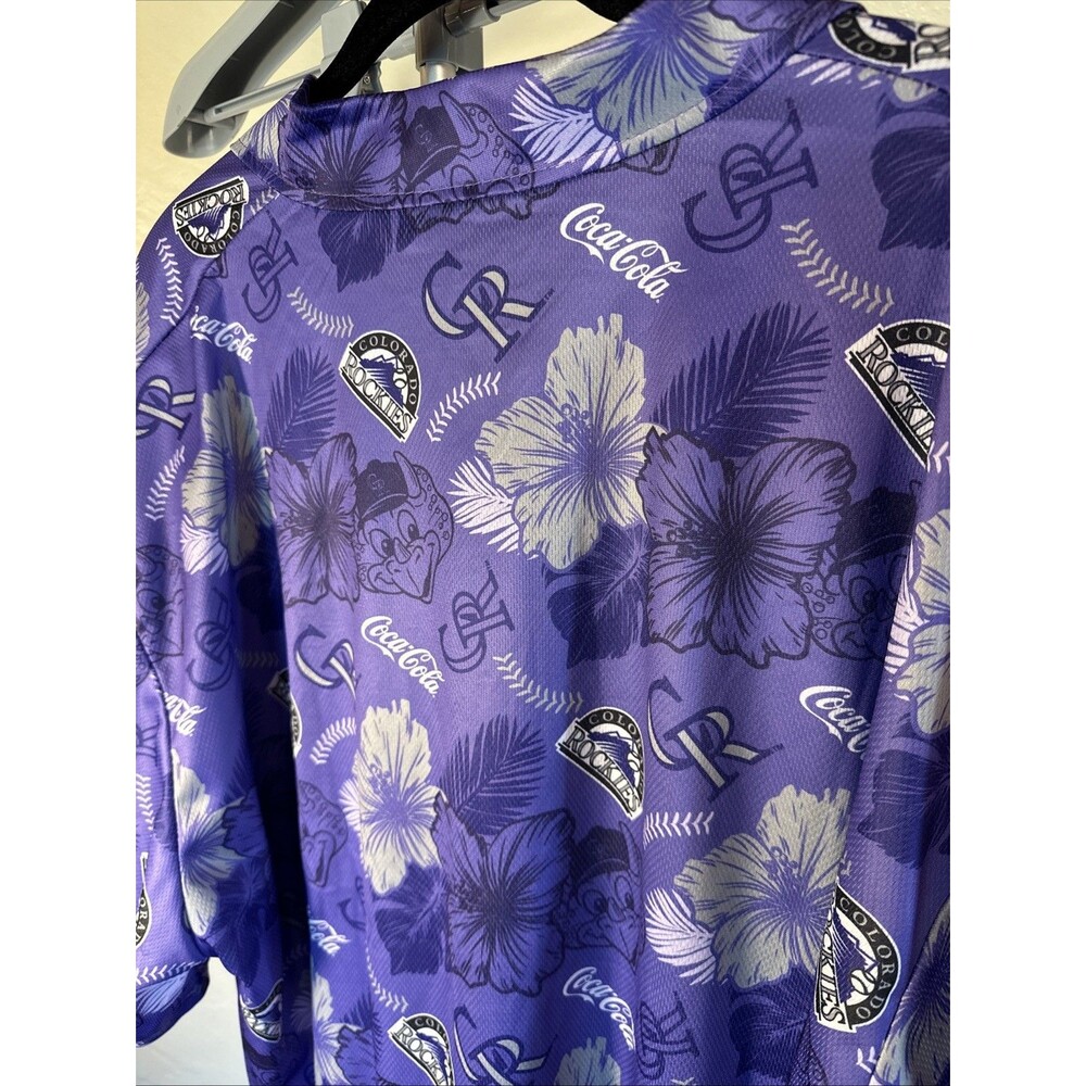 Men’s XL Button Up Purple Colorado Rockies Shirt Coca Cola Dinger Short Sleeve